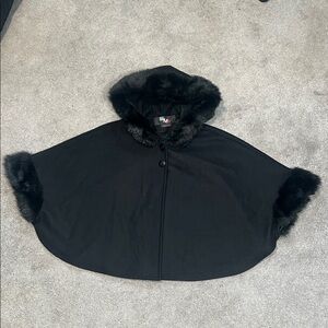 NWT SM2 Vintage Wool Blend Faux Fur Trim Hooded Cape Poncho Black One Size